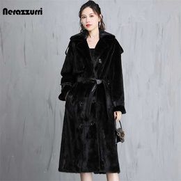 Nerazzurri Winter Long Black Warm Thick Fluffy Faux Mink Fur Trench Coat for Women with Leather Belt Loose Korean Fashion 211110