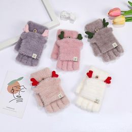 Five Fingers Gloves Ladies Autumn And Winter Fingerless Knitted Woolen Thick Warmth Clamshell Cute Warm Work