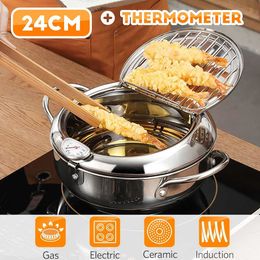 Japanese Style Deep Frying Pot Thermometer Tempura Fryer Pan Temperature Control Fried Chicken Pot Cooking Tools Kitchen Utensil 210319