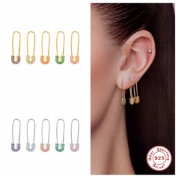 Aide 100% 925 Sterling Silver Fashion Colourful Charm Zircon Safety Pin Stud for Women Unusual Earrings Piercing Jewellery