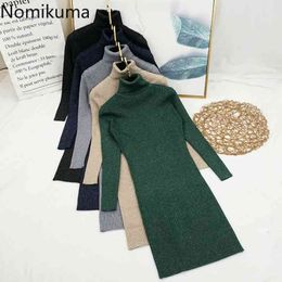 Nomikuma Turtleneck Sweater Dress Women Bright Silk Long Sleeve Autumn Vestidos Slim Fit Basic Knitted Bodycon Dresses 3d744 210514