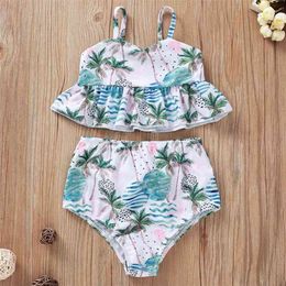 Summer Children Sets Casual Strap Ruffles Tops Print Shorts Cute 2Pcs Girls Clothes 1-5T 210629