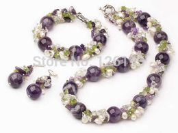 Nice Purple Crystal Peridot & Pearl Matching Necklace, Bracelet Earrings Set Jewellery for women H1022