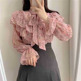 Chiffon Ruffles Streetwear Casual Femme Elegance Tops Florals Plus Size Blouses Office Lady Sweet Girls Shirts 210525