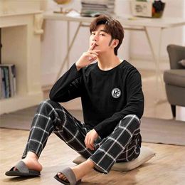 Spring Autumn Men Pajamas Set Cotton Print Sleepwear Night Suit Casual Long Sleeve Plaid Pants Pyjamas Plus Size Homewear 4XL 210901