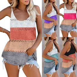 Summer Loose Sexy Backless Camisole Knitted Beach Top Women Casual Stripe Sleeveless Hollow Out Vest Female Beachwear 210517