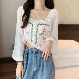 Embroidered Floral Square Collar Chiffon Sleeve Shirts Short Shirt Women Hollow Out Holiday Beach Cropped Tops 210601