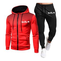 Jogging Clothing Spring Autumn Casual Mens Fashion Jackets Suit Kia Car Logo Print Sport Gradient Men's Zipper Jacket + Pants 2-piece Set
