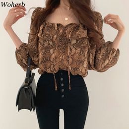 woherb sexy crop blouse Women Puff Sleeve snake print Elegant Lace Up summer thin blusas shirt 2021 korean Chic Female Shirts 210317