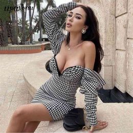 Free Trendy Houndstooth Pattern Design Dress Sexy Off Shoulder Draped Celebrity Party Club Mini Vestidos 210524