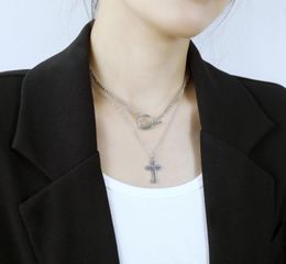 Disc Cross Pendant Layering Necklace Stainless Steel Layered Chain Choker Silver For Women Girls .Female Gifts