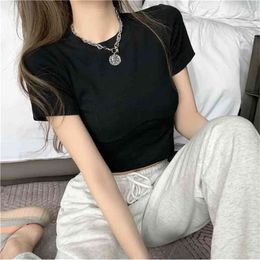 Womens Spring summer Sexy O-neck Short student T-shirt short-sleeved Slim Tops Female Tees Ladies knitting women clothing 210507