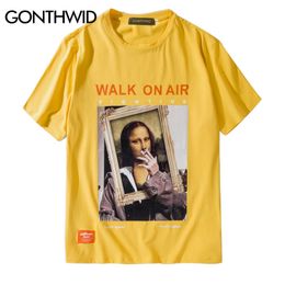 GONTHWID Smoking Mona Lisa T Shirts Men Women Funny Hip Hop Casual Printed Short Sleeve Tshirts 2020 Fashion Male Streetwear Y0323