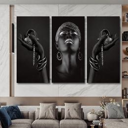 African Wall Art Woman Posters and Prints Black Hands Holding Silver Jewelry Canvas Painting Wall Pictures For Living Room Decor