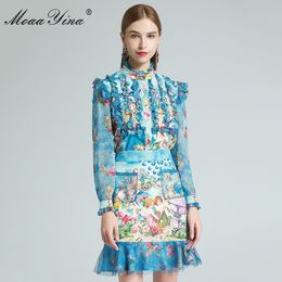 Fashion Designer Set Spring Women's Ruffles Long sleeve Blouses Tops+Blueberry Angel Floral-Print Skirt Two-piece set 210524
