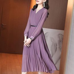 Casual Dresses Chiffon Pleated Solid Women Summer Elegant Purple Knee-Length Office Lady Clothing Top Quality