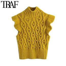 Women Fashion With Pompoms Ruffled Knitted Vest Sweater Vintage High Neck Sleeveless Female Waistcoat Chic Tops 210507