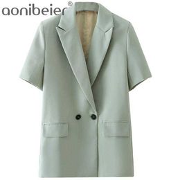 Green Blazers OL Office Lady Suit Jacket Summer Notched Collar Double Breasted Short Sleeve Women Casual Long Tops 210604