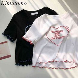 Kimutomo Letter Print Spelling Short-sleeved T-shirt Women Summer Korean Fashion Female O-neck Thin BM Wind Short Top 210521