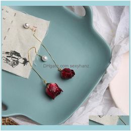 Jewelrysier Needle Natural Flower Earrings For Women Girls Dark Rose Long Pearl Temperament Jewelry Gifts Dangle & Chandelier Drop Delivery