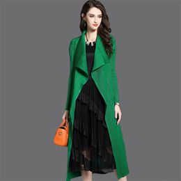 Women Fashion Pleated Long Windbreaker Turn Down Collar Open Cardigan Black Green Grey Red Khaki Female Clothing Coat Shawl 210914