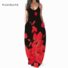 WAYOFLOVE Red Leaf Printed Dress Sexy Black Robe Dresses Summer Sundresses Beach Party Dresses Girls Strap Maxi Dress Women 210602