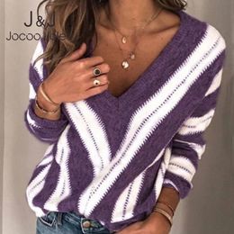 Jocoo Jolee Plus Size 5XL Vintage Pullover Casual V Neck Striped Knitted Sweater Ladies Autumn Winter Knitwear Jumpers Tops 210518