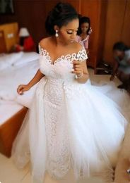 Gorgeous African Lace A Line Wedding Dress With Detachable Skirts V Neck Off Shoulder Long Tulle Bridal Gowns Ivory White Plus Size Bride Formal Dresses