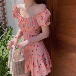 Pink Elegant Kawaii Dress Women Floral Print Cherry Mini Dress Female Casual Sweet Japan Korean Style Summer Dress Women 210325