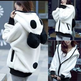 Cute Hoodie Cute Bear Ear Panda Winter Jacket Animal Ladies Hooded Jacket Female black and white Sweatshirt 210712