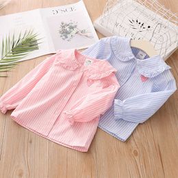 Spring Autumn 2 3 4 6 8 10 Years Children Kids Baby Long Trumpet Sleeve Striped Doll Collar Cotton Blouse Shirts For Girls 210529