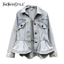 Casual Solid Denim Coat For Women Lapel Long Sleeve Patchwork Pockets Straight Jackets Females Spring Fashion Style 210524