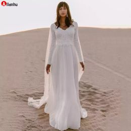 NEU! Boho-Strand-Chiffon-Hochzeitskleid, individuell gestaltet, lange Ärmel, V-Ausschnitt, rückenfrei, böhmische Brautkleider, SweepTrain-Robe de soir￩e de mariage