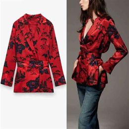 Za Vintage Floral Print Belt Blouse Women Long Sleeve Wrap Elegant Office Shirt Female Fashion Front Button Flower Top 210323