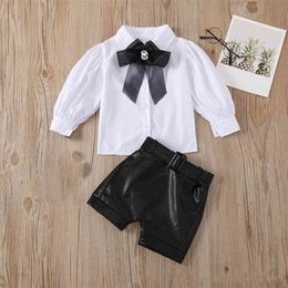 Spring Autumn White Shirt+Leather Pants Bowknot Children's Costumes Kids Clothing Baby Girl Clothes Set 210528