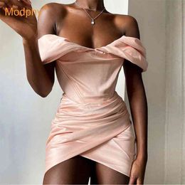 product listing Summer Women Fashion Off Shoulder Short Sleeve Club Dress Sexy Draped Mini Evening Party Dresses 210527