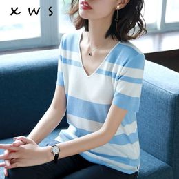 Women's Casual Knitted Short Sleeve Sweater Spring Summer Cashmere Korea sweater V-Neck striped knit Pullovers Tees 210604