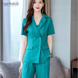 Elegant 3 Pieces Sets Women Pant Suits Summer Thin Short Sleeve Blazer Elastic Trousers Vest 2021 Fashion Green Clothing Female Women's Two