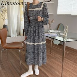 Kimutomo Women Dresses Autumn French Retro Style Female O-neck Print Slim High Waist A-line Vestidos Korea Chic Fashion 210521