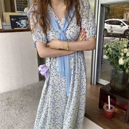 Florals Summer Chiffon Vintage Party Dress Chic Lady Girls Retro Sweet Femme Long Dresses Vestidos 210525