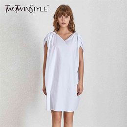 White Loose Dress For Female V Neck Sleeveless Casual Solid Dresses Fashionable Clothing Summer Style 210520