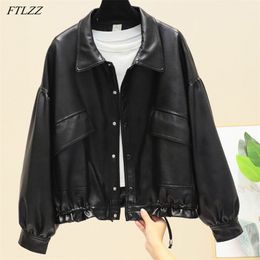 Spring Autumn Women Faux Leather Jacket Solid Colour Puff Sleeve Coat Streetwear Ladies Biker Moto Loose Casual 210430