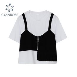 Summer Fashion Korean Irregular Design Women Tops O Neck Short Sleeve Vest Patchwork Tee Lady Fake 2 Piece Set T Shirts 210515