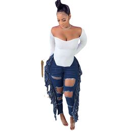 Womens Ripped Jeans with Lateral Tassels High Waist Bell Bottom Skinny Long Jean Summer Autumn INS Ladys Streetwear