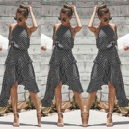 Vintage Women Polka Dot Dresses Summer Ruffles Halter Irregular Lace Up Dress Sleeveless For Female Vestidos 210623