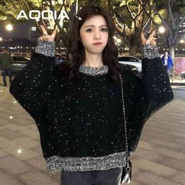 Korean style Knit Female Pullovers Oversize Shiny Sequined Womens Sweater Winter Loose Woman Sweaters Plus Size Clothing 210521