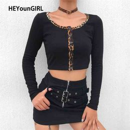 HEYounGIRL Patchwork Leopard Basic Womens T Shirt Tops Casual Long Sleeve Cropped T-shirt Femme Korean High Street Tee Shirt 210324