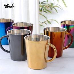 300ml Stainless Steel Coffee Mug Portable Milk Cup With Handle Double Wall Rainbow Cups Travel Tumbler Tea Mugs 220311