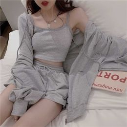 Loungewear Summer Sleepwear Set Women 3 Pieces Fashion Solid Cotton Pyjama Nightgown Suits With Shorts Comfortable Soft Roomware 211215