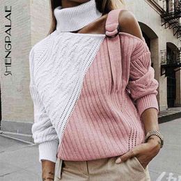 Women Turtleneck Sweater Sexy Off Shoulder Buckle Knitted Pullover Autumn Winter Long Sleeve Jumper Tops 19J-197 210427